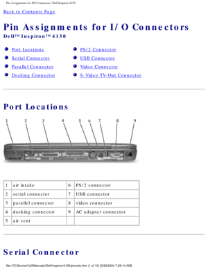 Page 77Pin Assignments for I/O Connectors: Dell Inspiron 4150 
Back to Contents Page 
Pin Assignments for I/O Connectors 
Dell™ Inspiron™ 4150 
  Port Locations
  Serial Connector
  Parallel Connector
  Docking Connector
  PS/2 Connector
  USB Connector
  Video Connector
  S-Video TV-Out Connector
Port Locations
 
1 air intake 6PS/2 connector
2 serial connector 7USB connector
3 parallel connector 8video connector
4 docking connector 9AC adapter connector
5 air vent   
Serial Connector...