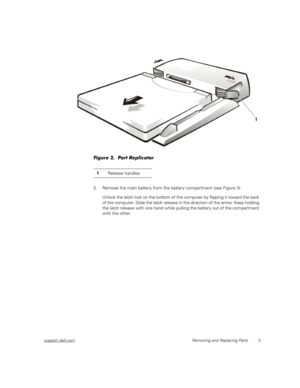 Page 11support.dell.comRemoving and Replacing Parts 3
Figure 2.  Port Replicator 
5. Remove the main batter y from the batter y compartment (see Figure 3). 
Unlock the latch lock on the bottom of the computer by flipping it toward the back 
of the computer. Slide the latch release in the direction of the arrow. Keep holding 
the latch release with one hand while pulling the batter y out of the compartment 
with the other.
1Release handles 