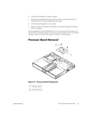 Page 35support.dell.comRemoving and Replacing Parts 27
3. Lift the heat exchanger and rotate it upward.
4. Slide the heat exchanger/fan toward the front of the computer until the fan is 
completely clear of the overhanging palmrest plastic.
5. Lift the heat exchanger/fan out at an angle.
6. Inspect the two thermal pads on the bottom of the heat exchanger and replace 
them if necessary.
When reinstalling the heat exchanger/fan, be sure to reconnect the fan cable to con-
nector JP17 on the system board; if you...