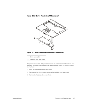 Page 45support.dell.comRemoving and Replacing Parts 37
Hard-Disk Drive Heat Shield Removal
Figure 28.  Hard-Disk Drive Heat Shield Components
This procedure assumes that you have removed the palmrest assembly from the base 
assembly. To remove the hard-disk drive heat shield (see Figure 27), perform the fol-
lowing steps:
1. Place the palmrest assembly face down.
2. Remove the five 4-mm screws securing the hard-disk drive heat shield.
3. Remove the hard-disk drive heat shield.14-mm screws (5)
2Hard-disk drive...