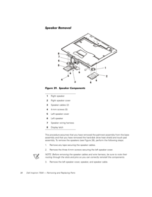 Page 4638 Dell Inspiron 7500 — Removing and Replacing Parts
Speaker Removal
Figure 29.  Speaker Components
This procedure assumes that you have removed the palmrest assembly from the base 
assembly and that you have removed the hard-disk drive heat shield and touch pad 
assembly. To remove the speakers (see Figure 28), perform the following steps:
1. Remove any tape securing the speaker cables.
2. Remove the three 4-mm screws securing the left speaker cover.
NOTE: Before removing the speaker cables and wire...