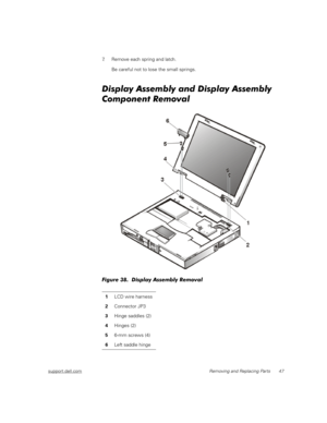 Page 55support.dell.comRemoving and Replacing Parts 47
7. Remove each spring and latch.
Be careful not to lose the small springs.
Display Assembly and Display Assembly 
Component Removal
Figure 38.  Display Assembly Removal 
1LCD wire harness
2Connector JP3
3Hinge saddles (2)
4Hinges (2)
56-mm screws (4)
6Left saddle hinge 