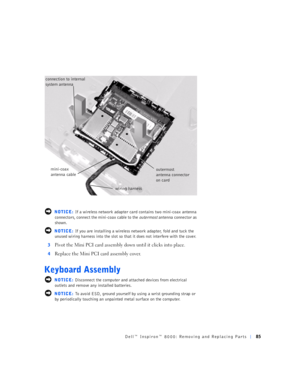 Page 13Dell™ Inspiron™ 8000: Removing and Replacing Parts85
 NOTICE: If a wireless network adapter card contains two mini-coax antenna 
connectors, connect the mini-coax cable to the 
outermost antenna connector as 
shown. 
 NOTICE: If you are installing a wireless network adapter, fold and tuck the 
unused wiring harness into the slot so that it does not interfere with the cover.
3
Pivot the Mini PCI card assembly down until it clicks into place.
4Replace the Mini PCI card assembly cover.
Keyboard Assembly...