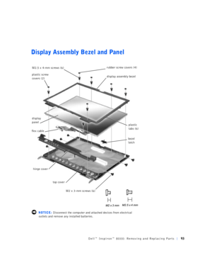 Page 21Dell™ Inspiron™ 8000: Removing and Replacing Parts93
Display Assembly Bezel and Panel
 NOTICE: Disconnect the computer and attached devices from electrical 
outlets and remove any installed batteries.
display
panel
top cover flex cableM2.5 x 4-mm screws (6)
bezel 
latch rubber screw covers (4)
plastic screw
covers (2)
M2 x 3-mm screws (6)display assembly bezel
hinge coverplastic 
tabs (6) 