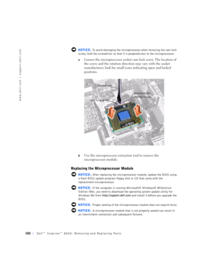 Page 30102Dell™ Inspiron™ 8000: Removing and Replacing Parts
www.dell.com | support.dell.com
 NOTICE: To avoid damaging the microprocessor when removing the cam lock 
screw, hold the screwdriver so that it is perpendicular to the microprocessor.
aLoosen the microprocessor socket cam lock screw. The location of 
the screw and the rotation direction may vary with the socket 
manufacturer; look for small icons indicating open and locked 
positions.
bUse the microprocessor extraction tool to remove the...