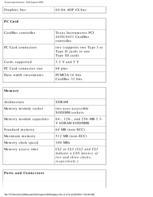 Page 28System Specifications : Dell Inspiron 8000 
Graphics bus64-bit AGP 4X bus
PC Card 
CardBus controller Texas Instruments PCI 
4450/4451 CardBus 
controller
PC Card connectors two (supports two Type I or 
Type II cards or one 
Type III card)
Cards supported 3.3 V and 5 V
PC Card connector size 68 pins
Data width (maximum) PCMCIA 16 bits
CardBus 32 bits
Memory 
Architecture SDRAM
Memory module socket two user-accessible 
SODIMM sockets
Memory module capacities 64-, 128-, and 256-MB 3.3-
V SDRAM SODIMMS...