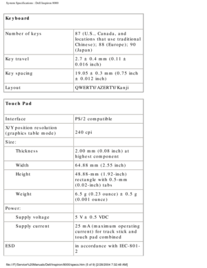 Page 31System Specifications : Dell Inspiron 8000 
Keyboard 
Number of keys87 (U.S., Canada, and 
locations that use traditional 
Chinese); 88 (Europe); 90 
(Japan)
Key travel 2.7 ± 0.4 mm (0.11 ± 
0.016 inch)
Key spacing 19.05 ± 0.3 mm (0.75 inch 
± 0.012 inch)
Layout QWERTY/AZERTY/Kanji
Touch Pad 
Interface PS/2 compatible
X/Y position resolution 
(graphics table mode) 240 cpi
Size:  
Thickness 2.00 mm (0.08 inch) at 
highest component
Width 64.88 mm (2.55 inch)
Height 48.88-mm (1.92-inch) 
rectangle with...