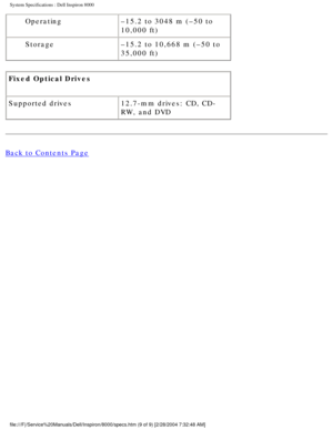 Page 35System Specifications : Dell Inspiron 8000 
Operating–15.2 to 3048 m (–50 to 
10,000 ft)
Storage –15.2 to 10,668 m (–50 to 
35,000 ft)
Fixed Optical Drives 
Supported drives 12.7-mm drives: CD, CD-
RW, and DVD 
Back to Contents Page
 
 
 
file:///F|/Service%20Manuals/Dell/Inspiron/8000/specs.htm (9 of 9) [2/\
28/2004 7:32:48 AM] 