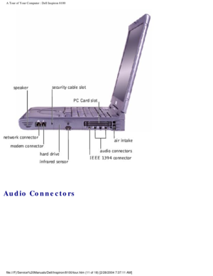 Page 13A Tour of Your Computer : Dell Inspiron 8100 
 
Audio Connectors 
file:///F|/Service%20Manuals/Dell/Inspiron/8100/tour.htm (11 of 18) [2\
/28/2004 7:37:11 AM] 