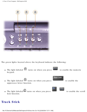 Page 7A Tour of Your Computer : Dell Inspiron 8100 
 
The green lights located above the keyboard indicate the following:
l     The light labeled turns on when you press to enable the numeric 
keypad. 
l     The light labeled turns on when you press to enable the 
uppercase letter function. 
l     The light labeled turns on when you press  to enable the scroll 
lock function. 
Track Stick 
file:///F|/Service%20Manuals/Dell/Inspiron/8100/tour.htm (5 of 18) [2/\
28/2004 7:37:11 AM] 
