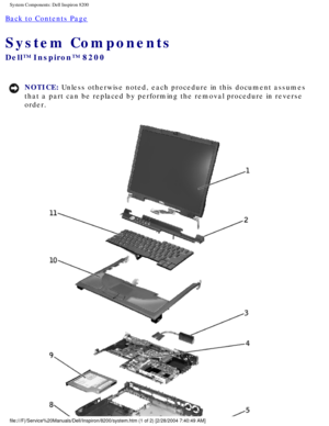 Page 104System Components: Dell Inspiron 8200
Back to Contents Page 
System Components 
Dell™ Inspiron™ 8200
NOTICE: Unless otherwise noted, each procedure in this document assumes 
that a part can be replaced by performing the removal procedure in rever\
se 
order. 
file:///F|/Service%20Manuals/Dell/Inspiron/8200/system.htm (1 of 2) [2\
/28/2004 7:40:49 AM] 