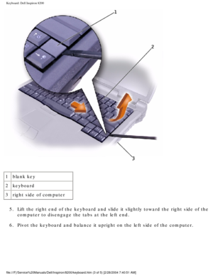 Page 121Keyboard: Dell Inspiron 8200
 
1 blank key
2 keyboard
3 right side of computer
5.  Lift the right end of the keyboard and slide it slightly toward the righ\
t side of the  computer to disengage the tabs at the left end. 
6.  Pivot the keyboard and balance it upright on the left side of the comput\
er. 
file:///F|/Service%20Manuals/Dell/Inspiron/8200/keyboard.htm (3 of 5) \
[2/28/2004 7:40:51 AM] 