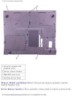 Page 19A Tour of Your Computer: Dell Inspiron 8200
 
1 memory module and 
modem cover
2 device release latches
3 Mini PCI card cover
4 docking device latch
Memory Module and Modem Cover— Protects the memory module(s) and the 
modem daughter card.
Device Release Latches— Press and hold a release latch to remove a device in the 
file:///F|/Service%20Manuals/Dell/Inspiron/8200/tour.htm (17 of 18) [2\
/28/2004 7:40:13 AM] 