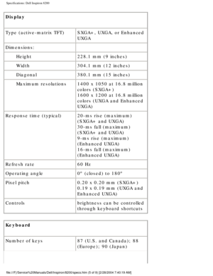 Page 74Specifications: Dell Inspiron 8200
Display 
Type (active-matrix TFT)SXGA+, UXGA, or Enhanced 
UXGA
Dimensions:  
Height 228.1 mm (9 inches)
Width 304.1 mm (12 inches)
Diagonal 380.1 mm (15 inches)
Maximum resolutions 1400 x 1050 at 16.8 million 
colors (SXGA+)
1600 x 1200 at 16.8 million 
colors (UXGA and Enhanced 
UXGA)
Response time (typical) 20-ms rise (maximum) 
(SXGA+ and UXGA)
30-ms fall (maximum) 
(SXGA+ and UXGA)
9-ms rise (maximum) 
(Enhanced UXGA)
16-ms fall (maximum) 
(Enhanced UXGA)
Refresh...