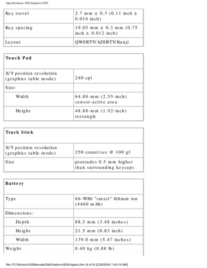Page 75Specifications: Dell Inspiron 8200
Key travel2.7 mm ± 0.3 (0.11 inch ± 
0.016 inch)
Key spacing 19.05 mm ± 0.3 mm (0.75 
inch ± 0.012 inch)
Layout QWERTY/AZERTY/Kanji
Touch Pad 
X/Y position resolution 
(graphics table mode) 240 cpi
Size:  
Width 64.88-mm (2.55-inch) 
sensor-active area
Height 48.88-mm (1.92-inch) 
rectangle
Track Stick 
X/Y position resolution 
(graphics table mode) 250 count/sec @ 100 gf
Size protrudes 0.5 mm higher 
than surrounding keycaps
Battery 
Type 66-WHr smart lithium ion...