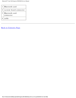 Page 30Bluetooth™ Card: Dell Inspiron 8500/8600 Service Manual
1Bluetooth card
2 system board connector
3 Bluetooth card 
connector
4 cable
Back to Contents Page
 
file:///F|/Service%20Manuals/Dell/Inspiron/85-8600/blue.htm (2 of 2) [\
2/28/2004 6:31:29 AM] 