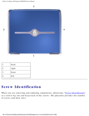 Page 5Before You Begin: Dell Inspiron 8500/8600 Service Manual
 
1 back
2 right
3 front
4 left
Screw Identification
When you are removing and replacing components, photocopy Screw Identification 
as a tool to lay out and keep track of the screws. The placemat provides\
 the number 
of screws and their sizes.
file:///F|/Service%20Manuals/Dell/Inspiron/85-8600/begin.htm (4 of 8) \
[2/28/2004 6:29:15 AM] 