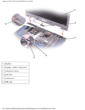 Page 41Display Assembly: Dell Inspiron 8500/8600 Service Manual
 
1 display
2 display cable connector
3 computer base
4 pull-tab
5 connector
6 EMI clip
file:///F|/Service%20Manuals/Dell/Inspiron/85-8600/display.htm (3 of 8)\
 [2/28/2004 6:32:41 AM] 