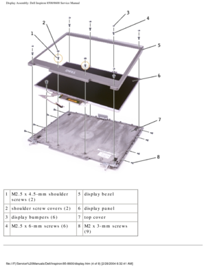 Page 42Display Assembly: Dell Inspiron 8500/8600 Service Manual
 
1 M2.5 x 4.5-mm shoulder 
screws (2) 5
display bezel
2 shoulder screw covers (2)  6display panel
3 display bumpers (6) 7top cover
4 M2.5 x 6-mm screws (6) 8M2 x 3-mm screws 
(9)
file:///F|/Service%20Manuals/Dell/Inspiron/85-8600/display.htm (4 of 8)\
 [2/28/2004 6:32:41 AM] 