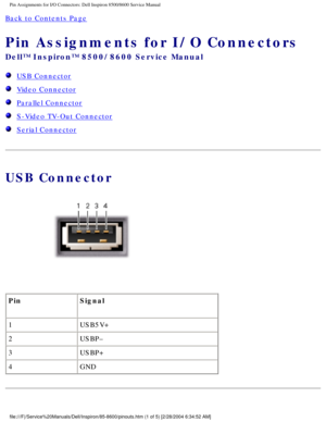 Page 73Pin Assignments for I/O Connectors: Dell Inspiron 8500/8600 Service Manu\
al
Back to Contents Page 
Pin Assignments for I/O Connectors 
Dell™ Inspiron™ 8500/8600 Service Manual
  USB Connector
  Video Connector
  Parallel Connector
  S-Video TV-Out Connector
  Serial Connector
USB Connector
 
Pin Signal
1 USB5V+
2 USBP–
3 USBP+
4 GND
file:///F|/Service%20Manuals/Dell/Inspiron/85-8600/pinouts.htm (1 of 5)\
 [2/28/2004 6:34:52 AM] 