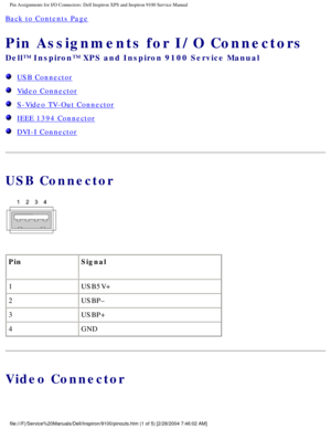 Page 83Pin Assignments for I/O Connectors: Dell Inspiron XPS and Inspiron 9100 \
Service Manual
Back to Contents Page 
Pin Assignments for I/O Connectors 
Dell™ Inspiron™ XPS and Inspiron 9100 Service Manual
  USB Connector
  Video Connector
  S-Video TV-Out Connector
  IEEE 1394 Connector
  DVI-I Connector
USB Connector
 
Pin Signal
1 USB5V+
2 USBP–
3 USBP+
4 GND
Video Connector
file:///F|/Service%20Manuals/Dell/Inspiron/9100/pinouts.htm (1 of 5) [\
2/28/2004 7:46:02 AM] 