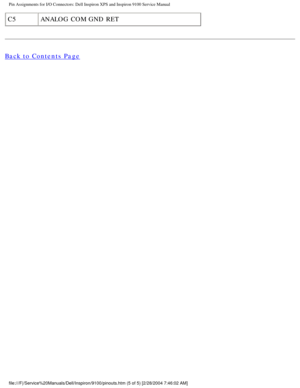 Page 87Pin Assignments for I/O Connectors: Dell Inspiron XPS and Inspiron 9100 \
Service Manual
C5ANALOG COM GND RET
Back to Contents Page
 
file:///F|/Service%20Manuals/Dell/Inspiron/9100/pinouts.htm (5 of 5) [\
2/28/2004 7:46:02 AM] 