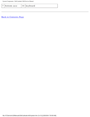 Page 11System Components : Dell Latitude C400 Service Manual 
7bottom case 14keyboard
Back to Contents Page
 
 
 
file:///F|/Service%20Manuals/Dell/Latitude/c400/system.htm (3 of 3) [2\
/28/2004 7:50:58 AM] 