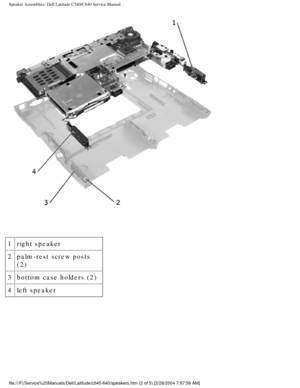 Page 59Speaker Assemblies: Dell Latitude C540/C640 Service Manual
 
1 right speaker
2 palm-rest screw posts 
(2)
3 bottom case holders (2)
4 left speaker
file:///F|/Service%20Manuals/Dell/Latitude/c540-640/speakers.htm (2 of \
5) [2/28/2004 7:57:56 AM] 