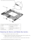 Page 68Battery and Module Bay Latches: Dell Latitude C540/C640 Service Manual
 
1 bumps (2 per latch) 5latch release buttons (2)
2 slider 6snap tabs (2 per latch 
assembly)
3 spring 7upper latch assemblies (2)
4 bottom case 8wear rib
Replacing the Battery and Module Bay Latches 
1.  If you are replacing the upper latch assembly: 
a.  Slide the spring onto the slider, and install the upper latch assembly i\
n the holding feature on the inside of the bottom case. 
b.  Ensure that the slider is inserted into the...