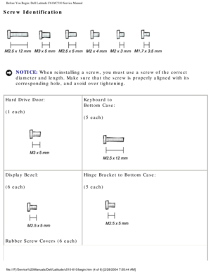 Page 6Before You Begin: Dell Latitude C610/C510 Service Manual
Screw Identification 
 
NOTICE: When reinstalling a screw, you must use a screw of the correct 
diameter and length. Make sure that the screw is properly aligned with i\
ts 
corresponding hole, and avoid over tightening. 
Hard Drive Door:
(1 each)
  Keyboard to
Bottom Case:
(5 each)
 
Display Bezel:
(6 each)
 
Rubber Screw Covers (6 each) Hinge Bracket to Bottom Case:
(5 each)
 
file:///F|/Service%20Manuals/Dell/Latitude/c510-610/begin.htm (4 of...