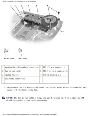 Page 53Hybrid Cooling Fan: Dell Latitude C610/C510 Service Manual
 
1 system-board interface connector 5M2 x 3-mm screw (1)
2 fan power cable 6M2.5 x 5-mm screws (2)
3 spring fingers 7hybrid cooling fan
4 keyboard screw hole   
7.  Disconnect the fan power cable from the system-board interface connector\
 and  remove the hybrid cooling fan. 
NOTE: The fan power cable is long, and can be pulled out from under the EMI 
shield to provide access to the connector....