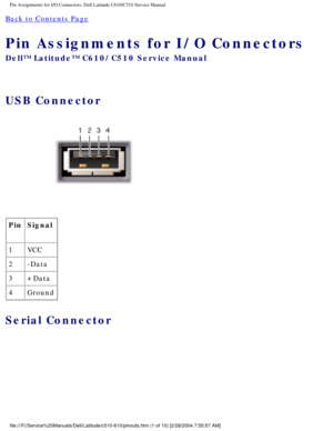 Page 73Pin Assignments for I/O Connectors: Dell Latitude C610/C510 Service Manu\
al
Back to Contents Page 
Pin Assignments for I/O Connectors 
Dell™ Latitude™ C610/C510 Service Manual
USB Connector 
 
Pin Signal
1 VCC
2 -Data
3 +Data
4 Ground
Serial Connector 
file:///F|/Service%20Manuals/Dell/Latitude/c510-610/pinouts.htm (1 of 1\
0) [2/28/2004 7:55:57 AM] 