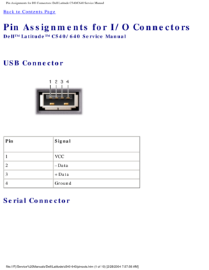 Page 70Pin Assignments for I/O Connectors: Dell Latitude C540/C640 Service Manu\
al
Back to Contents Page 
Pin Assignments for I/O Connectors 
Dell™ Latitude™ C540/640 Service Manual
USB Connector 
 
Pin Signal
1 VCC
2 –Data
3 +Data
4 Ground
Serial Connector 
file:///F|/Service%20Manuals/Dell/Latitude/c540-640/pinouts.htm (1 of 1\
0) [2/28/2004 7:57:58 AM] 