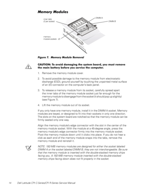 Page 2214 Dell Latitude CPt C-Series/CPi R-Series Service Manual
0HPRU\0RGXOHV
)LJXUH  0HPRU\ 0RGXOH 5HPRYDO
&$87,21 7R DYRLG GDPDJLQJ WKH V\VWHP ERDUG \RX PXVW UHPRYH
WKH PDLQ EDWWHU\ EHIRUH \RX VHUYLFH WKH FRPSXWHU
1. Remove the memory module cover.
2. To avoid possible damage to the memory module from electrostatic
discharge (ESD), ground yourself by touching the unpainted metal surface
of an I/O connector on the computer’s back panel.
3. To release a memory module from its socket, carefully spread...