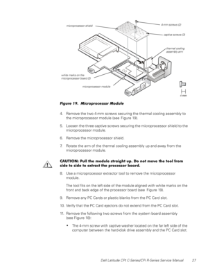 Page 35Dell Latitude CPt C-Series/CPi R-Series Service Manual 27
)LJXUH  0LFURSURFHVVRU 0RGXOH
4. Remove the two 4-mm screws securing the thermal cooling assembly to
the microprocessor module (see Figure 19).
5. Loosen the three captive screws securing the microprocessor shield to the
microprocessor module.
6. Remove the microprocessor shield.
7. Rotate the arm of the thermal cooling assembly up and away from the
microprocessor module.
&$87,21 3XOO WKH PRGXOH VWUDLJKW XS R QRW PRYH WKH WRRO IURP
VLGH WR...