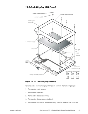 Page 33support.dell.com Dell Latitude CPt V-Series/CPx H-Series Service Manual 25
!)!*+,

 
-+

*		1 &)

To remove the 12.1-inch display LCD panel, perform the following steps:
1. Remove the main battery.
2. Remove the keyboard.
3. Remove the display assembly.
4. Remove the display assembly bezel.
5. Remove the four 5-mm screws securing the LCD panel to the top cover.
4-mm screws (6)
rubber screw covers (4)
plastic screw
covers (2)
latch
LCD panel
display-assembly top...