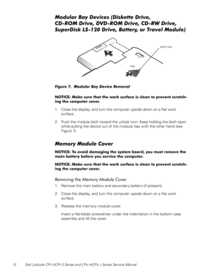 Page 1912 Dell Latitude CPt V/CPt S Series and CPx H/CPx J Series Service Manual

*+	9	&	:
3! 	:3!	:3%	:

 	&3);	:*+:#
<
	
=
*+	
+
$

$




#

 
1. Close the display, and turn the computer upside down on a flat work 
surface.
2. Push the module latch toward the unlock icon. Keep holding the latch open 
while pulling the...