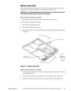 Page 40support.dell.comDell Latitude CPt V/CPt S Series and CPx H/CPx J Series Service Manual 33
4/+
The modem assembly is optional. The modem (if present) must be removed 
before the main system board can be removed (see Figure 21).





##%





%
%


 
	
%#

$
1. Remove the main battery and secondary battery (if present).
2. Remove the keyboard assembly.
3. Remove the display assembly.
4....