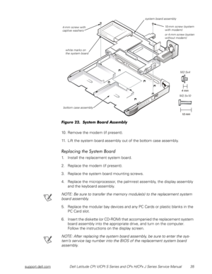 Page 42support.dell.comDell Latitude CPt V/CPt S Series and CPx H/CPx J Series Service Manual 35
	
))+*4/+
10. Remove the modem (if present).
11. Lift the system board assembly out of the bottom case assembly.
	
/$

1. Install the replacement system board.
2. Replace the modem (if present).
3. Replace the system board mounting screws.
4. Replace the microprocessor, the palmrest assembly, the display assembly 
and the keyboard assembly.
NOTE: Be sure to transfer the...