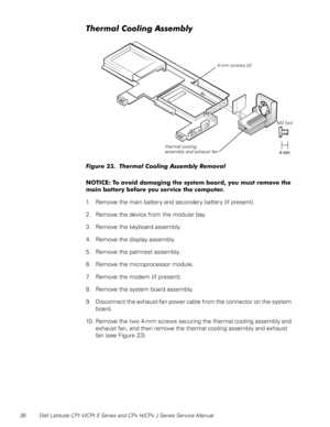 Page 4336 Dell Latitude CPt V/CPt S Series and CPx H/CPx J Series Service Manual
#0	4/+
	
).#0	4/+





##%





%
%


 
1. Remove the main battery and secondary battery (if present).
2. Remove the device from the modular bay.
3. Remove the keyboard assembly.
4. Remove the display assembly.
5. Remove the palmrest assembly.
6. Remove the microprocessor module.
7. Remove the...