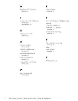 Page 472 Dell Latitude CPt V/CPt S Series and CPx H/Cpx J Series Service Manual 

hard-disk drive assembly
removal, 
11

inverter, 12.1-inch LCD panel
removal, 
26
replacement, 27

keyboard assembly
removal, 
15

memory module
removal, 
13
memory module cover
removal, 
12
microprocessor module
removal, 
18
modular bay devices
removal, 
12
module latch assemblies
removal, 
37

palmrest assembly
removal, 
30

reserve battery
removal, 
32

screw identification and tightening, 3
sockets
memory module, 
13...