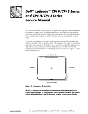 Page 8support.dell.comDell Latitude CPt V/CPt S Series and CPx H/CPx J Series Service Manual  1
	


	


	
	

This manual provides instructions for removing and replacing field-replaceable 
components, assemblies, and subassemblies in your Dell Latitude portable 
computer. Unless other wise noted, each procedure in this manual assumes 
that a part can be replaced by performing the removal procedure in reverse 
order.
It is recommended that you use a...