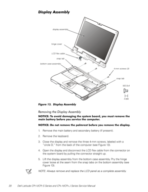 Page 2820 Dell Latitude CPt V/CPt S Series and CPx H/CPx J Series Ser vice Manual
 



	(%
)%%! 
	
 	
!










$

1. Remove the main battery and secondary battery (if present).
2. Remove the keyboard.
3. Close the display and remove the three 4-mm screws, labeled with a 
“circle D,” from the...