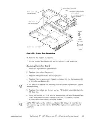 Page 43support.dell.comDell Latitude CPt V/CPt S Series and CPx H/CPx J Series Service Manual 35
	%)%%!
10. Remove the modem (if present).
11. Lift the system board assembly out of the bottom case assembly.
	
-

1. Install the replacement system board.
2. Replace the modem (if present).
3. Replace the system board mounting screws.
4. Replace the microprocessor, the palmrest assembly, the display assembly 
and the keyboard assembly.
NOTE: Be sure to transfer the...