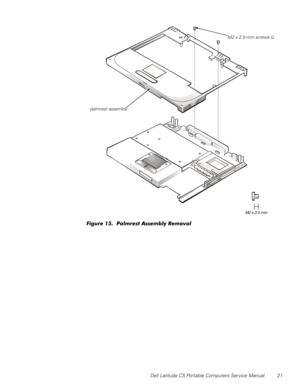 Page 29Dell Latitude CS Portable Computers Service Manual 21

)LJXUH3DOPUHVW$VVHPEO\5HPRYDO
M2 x 2.5-mm screws (2
palmrest assembly 