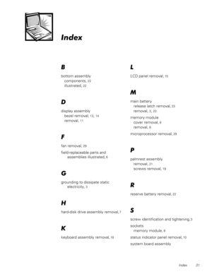 Page 39Index 31
,QGH[
%
bottom assembly
components, 
22
illustrated, 22

display assembly
bezel removal, 
13, 14
removal, 11
)
fan removal, 29
field-replaceable parts and 
assemblies illustrated, 
6
*
grounding to dissipate static 
electricity, 
3
+
hard-disk drive assembly removal, 7
.
keyboard assembly removal, 18
/
LCD panel removal, 15
0
main battery
release latch removal, 
23
removal, 3, 23
memory module
cover removal, 
8
removal, 8
microprocessor removal, 29
3
palmrest assembly
removal, 
21
screws...