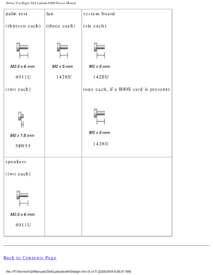 Page 9Before You Begin: Dell Latitude D400 Service Manual
palm rest
(thirteen each)
      4911U
(two each)
 
      5H953fan
(three each)
      1428U
system board
(six each)      1428U
(one each, if a BIOS card is present)
 
      1428U
speakers
(two each)
      4911U  
 
Back to Contents Page
file:///F|/Service%20Manuals/Dell/Latitude/d400/begin.htm (6 of 7) [2/\
28/2004 8:06:07 AM] 