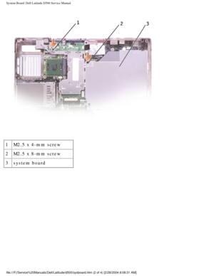 Page 57System Board: Dell Latitude D500 Service Manual
 
1 M2.5 x 4-mm screw
2 M2.5 x 8-mm screw
3 system board
file:///F|/Service%20Manuals/Dell/Latitude/d500/sysboard.htm (2 of 4) \
[2/28/2004 8:08:31 AM] 