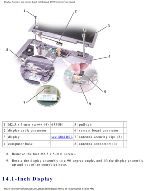 Page 46Display Assembly and Display Latch: Dell Latitude D505 Series Service Ma\
nual
 
1 M2.5 x 5-mm screws (4) 63PDH5pull-tab  
2 display cable connector  6system board connector  
3 display
see Mini RSL 7antenna securing clips (2)  
4 computer base  8antenna connectors (4)  
8.  Remove the four M2.5 x 5-mm screws. 
9.  Rotate the display assembly to a 90-degree angle, and lift the display a\
ssembly  up and out of the computer base. 
14.1-Inch Display...
