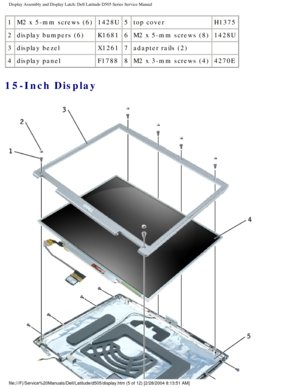 Page 48Display Assembly and Display Latch: Dell Latitude D505 Series Service Ma\
nual
1M2 x 5-mm screws (6)  1428U5top cover H1375
2 display bumpers (6) K16816M2 x 5-mm screws (8) 1428U
3 display bezel X12617adapter rails (2)   
4 display panel F17888M2 x 3-mm screws (4) 4270E
15-Inch Display 
file:///F|/Service%20Manuals/Dell/Latitude/d505/display.htm (5 of 12) \
[2/28/2004 8:13:51 AM] 